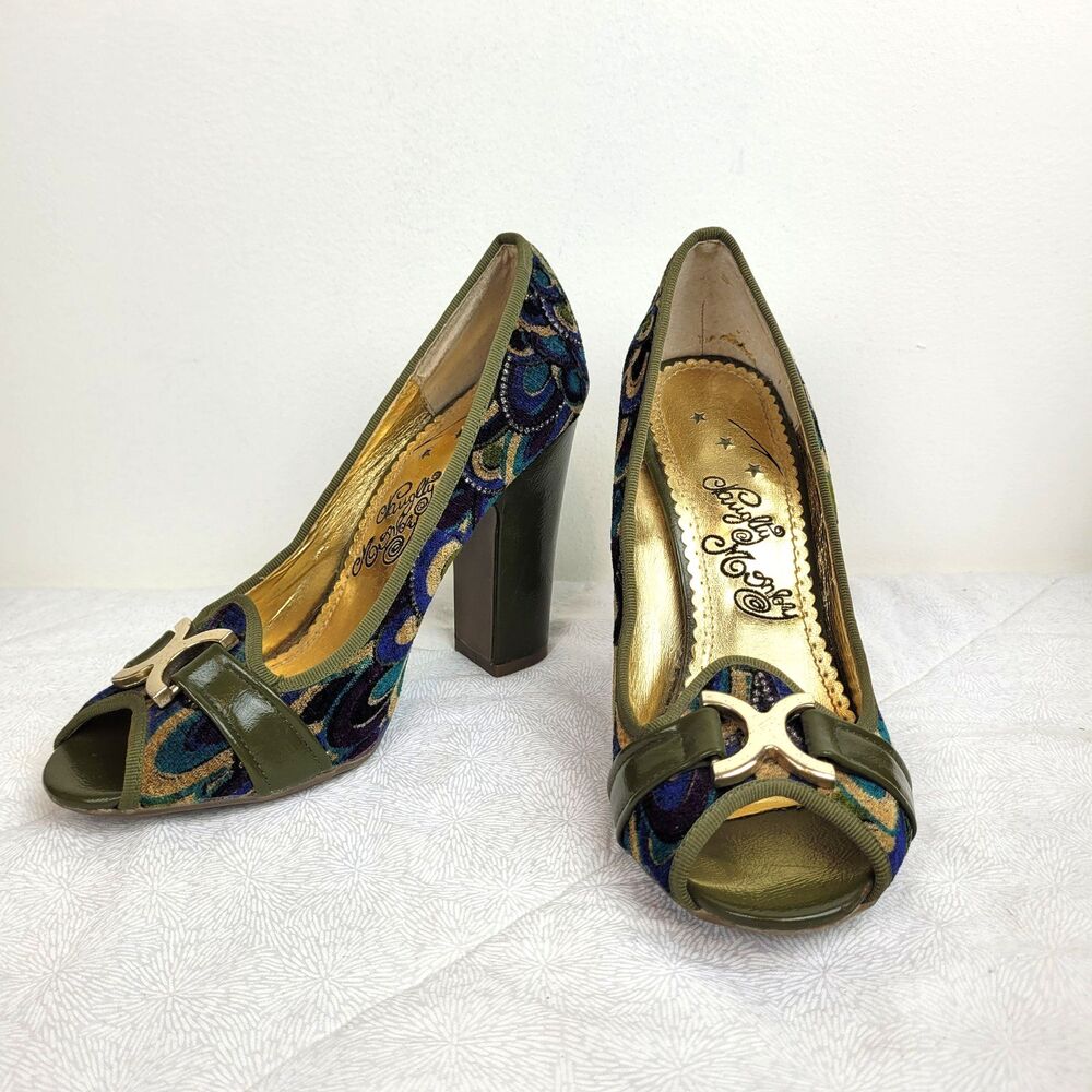 naughty monkey Olive Green Multicolor Patterned Peep-Toe Block Heels - Picture 5 of 13